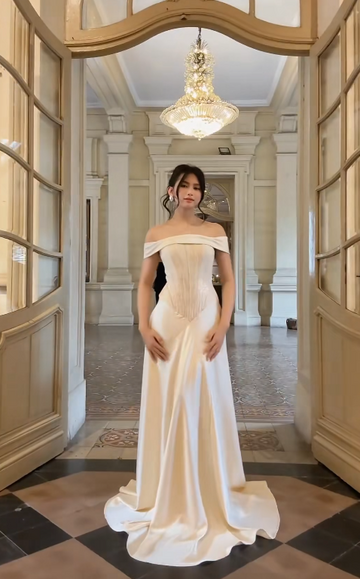 Niulatu Off-the-shoulder Sheath Long Formal Dresses Satin White Evening Gowns White Wedding Guest Dresses HZ1026